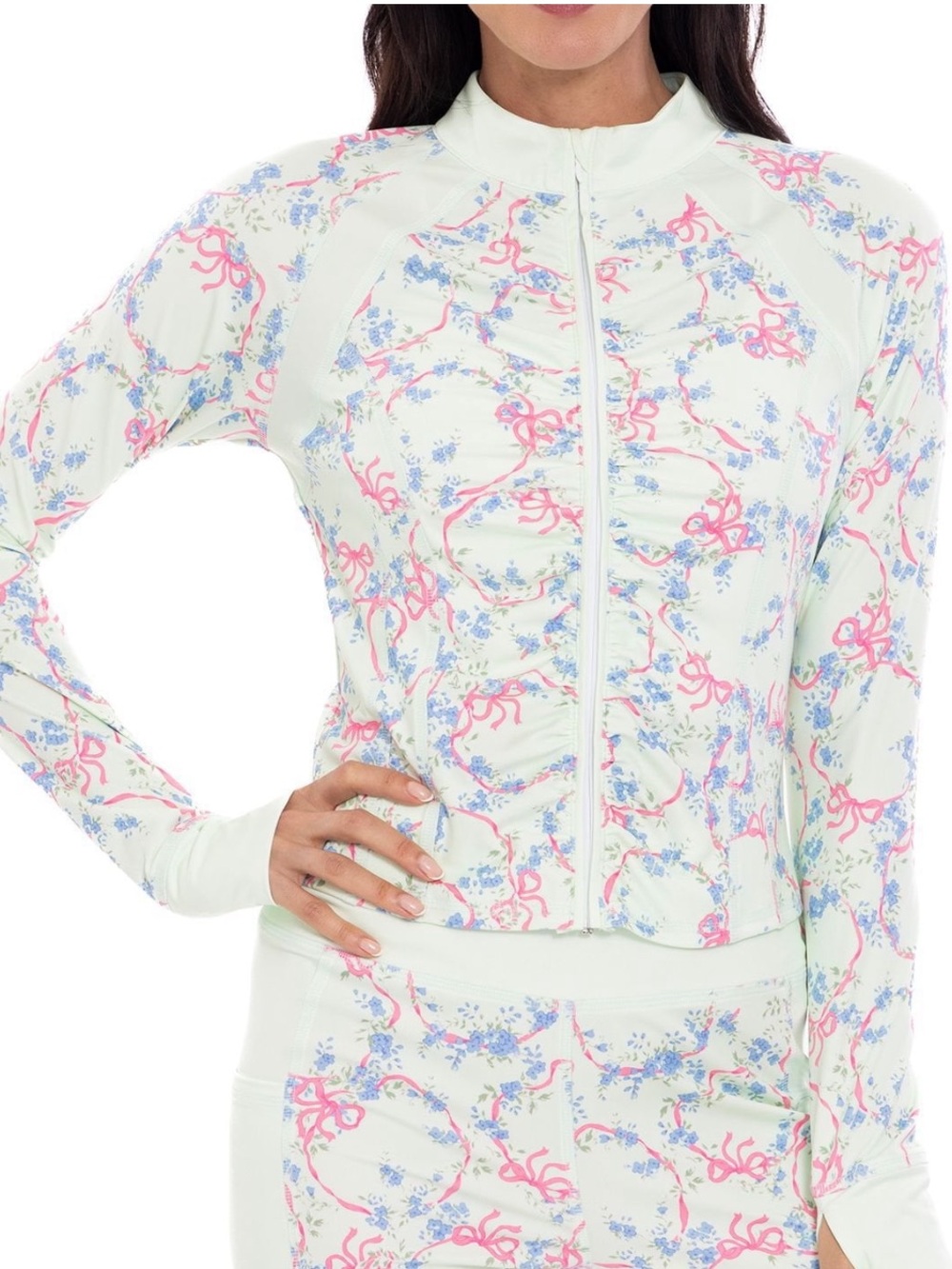 Shabby Chic Mint Green Floral Zip-Front Jacket with Pink Ribbon Detail xl NWOT